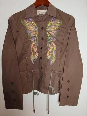 Sugar Lips Brown Butterfly Embroidered Button Front Jacket with Beaded Detail L